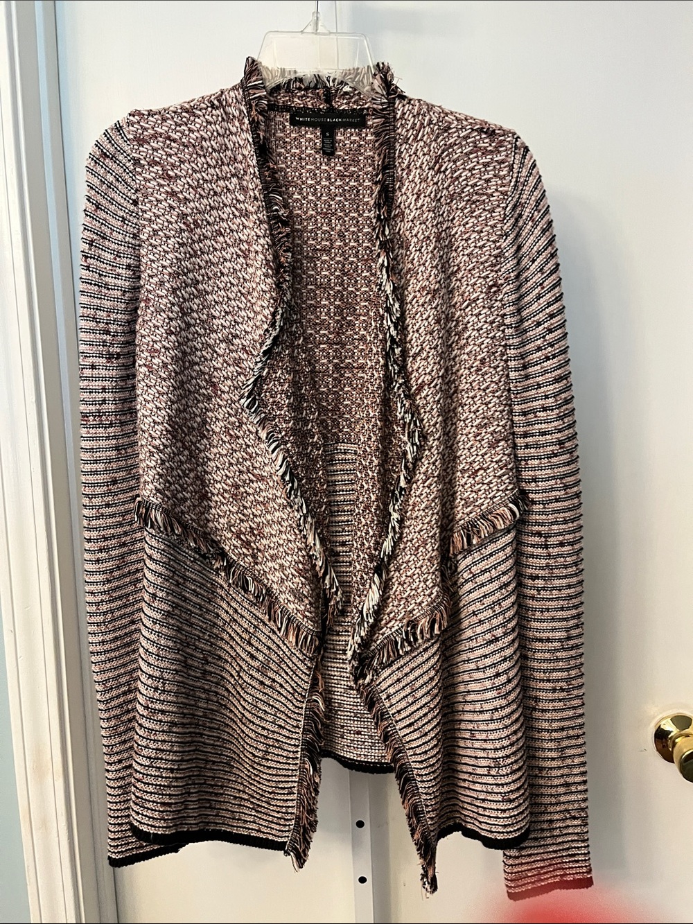 White House Black Market Pink & Cream Fringe Open-Front Cardigan
